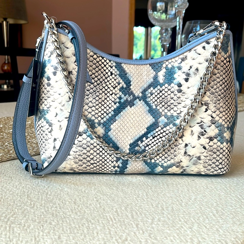 New Kate Spade zippy snake embossed muted blue bag.  71/2”H, 101/2”L, 3”W